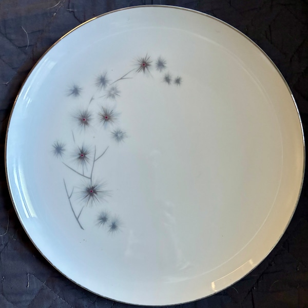 Vintage Creative Fine China Japan Platinum Starburst Dinner Plate Silver White Spiked Blossoms and Stems Gray with Red Centers 1960s MCM