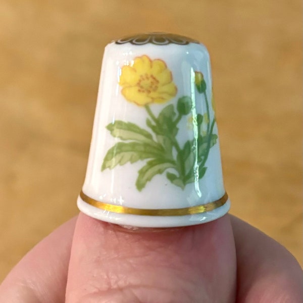 Vintage Spode Thimble Yellow Flowers with Gold Trim and Gold Flower on top Bone China Made in England Sewing Collectible
