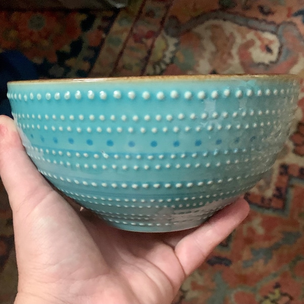 American Atelier Tallulah Soup Salad Dessert Bowl Teal Aqua Turquoise Blue with raised polka dots and Brown Trim Stoneware