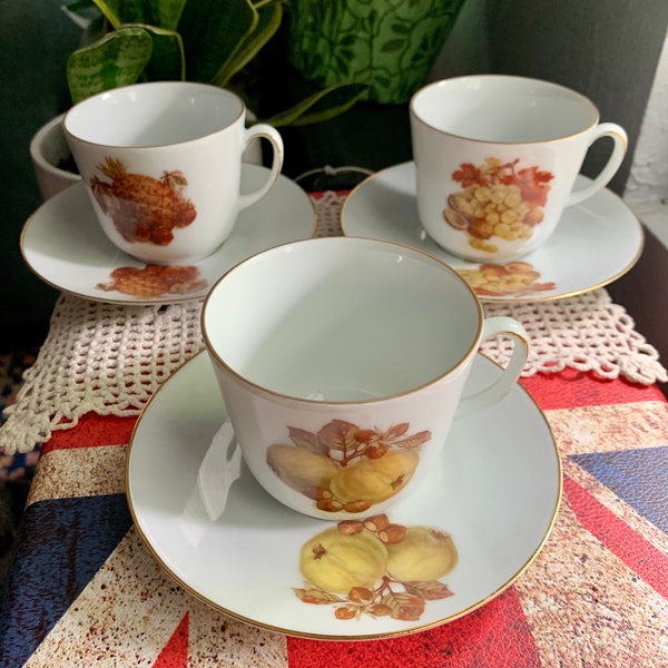 Set of 3 Tea Cups and Saucers Bareuther Waldsassen Bavaria Germany Fruits Nuts  Strawberries Pineapple Apple Hazelnut Grapes Walnut 272