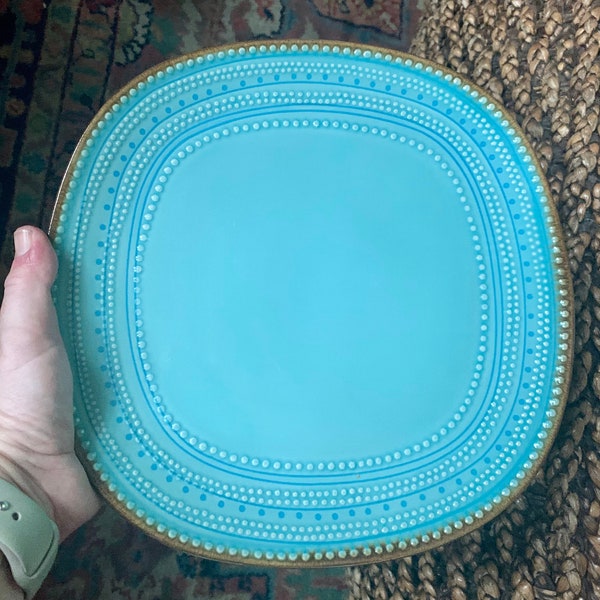 American Atelier Tallulah Dinner Plate Teal Aqua Turquoise Blue with raised polka dots and Brown Trim Stoneware