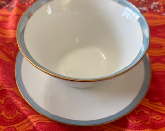 Vintage Zen Scherzer Gravy Boat Sauciere Sauce Bowl with Attached Underplate Germany Bavaria Blue Stripe with Gold Ribbed