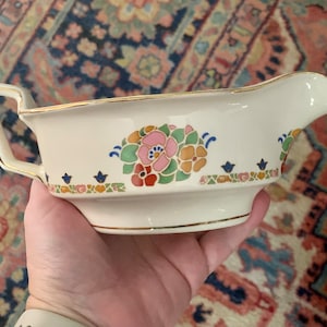 RARE Gravy Boat Sauce John Maddock and Sons Royal Ivory Pastel Pattern England Art Deco 1920 1930 Flowers Leaves Gold Trim
