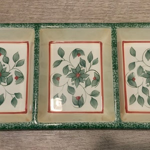 Pfaltzgraff Garden District 3 Part Section Serving Tray Relish Dish Rectangular Floral Vine Green Yellow