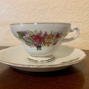 Vintage Footed Teacup and Saucer Roses and Lilies Gold Trim Made in Japan