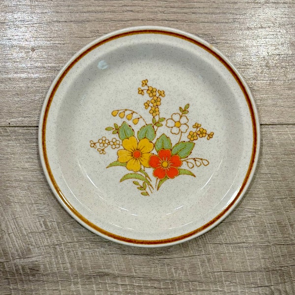 Vintage JCPenney Festiva Stoneware Small Bread Dessert Plate Orange and Yellow Flowers Floral Brown Trim Japan