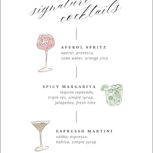 Könnte beinhalten: Eine Speisekarte mit Cocktails auf weißem Hintergrund. Sie listet Aperol Spritz, Spicy Margarita und Espresso Martini auf, jeweils mit Zutaten und einer Getränkeillustration.