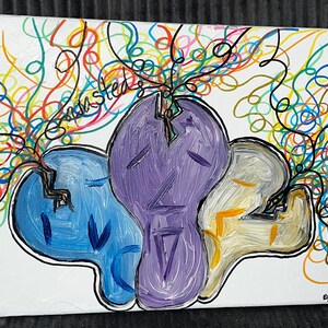 May include: Abstract painting on canvas featuring three stylized figures in blue, purple, and yellow, each with a cracked head. Colorful scribbles emanate from the figures, with the word "unsteadied" written above the central figure.