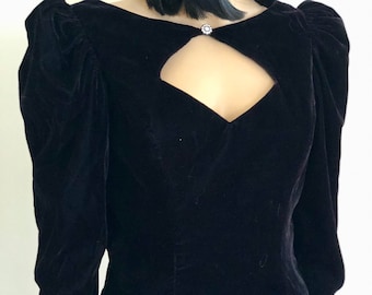 Vintage 1979 Lizette Creations, Velvet Black Formal Dress, Women&#39;s size12, Keyhole neck gown, rhinestone accent New Old Stock