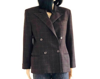 Vintage 90&#39;s, Ralph Lauren, Women&#39;s size 8, Windowpane wove, Dark Brown, 100 percent wool, Single Breasted, Fully lined, Made in USA blazer