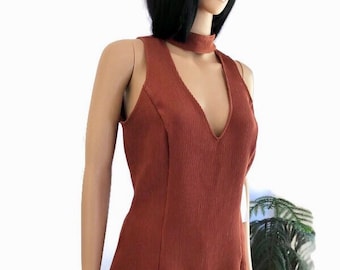 New Old Stock, Rust Sequoia, Ribbed Material, Gorgeous Dress, Still has Nordstom tag attached, Zipper back Deep V-Neck w/choker around neck