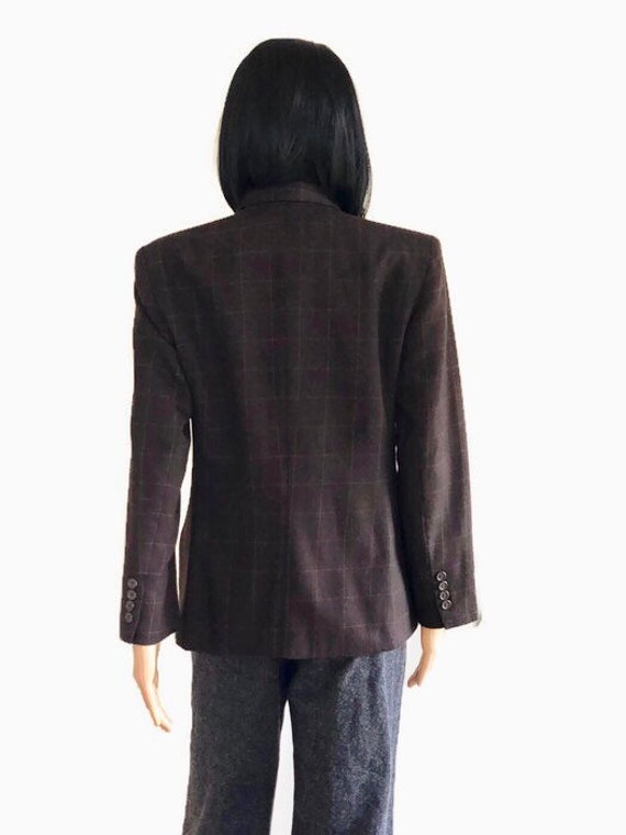 Vintage 90's, Ralph Lauren, Women's Size 8, Windowpane Wove, Dark Brown, 100 Percent Wool, Single Breasted, Fully Lined, Made in USA Blazer