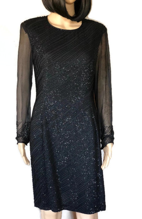 Vintage Bieff Basix Black Beaded Dress Womans Size 12 100 Silk