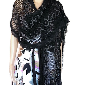Vintage Collection Eighteen womans Scarf/ wrap, Long black and silver knit wrap, with fringe, soft warm scarf/wrap, 10&#39; long scarf