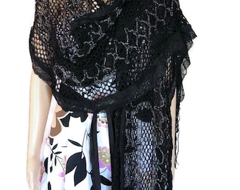 Vintage Collection Eighteen womans Scarf/ wrap, Long black and silver knit wrap, with fringe, soft warm scarf/wrap, 10&#39; long scarf
