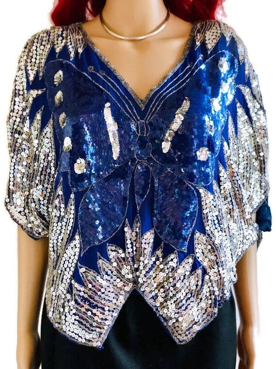 Vintage Sequin/Beaded Periwinkle Blue, Silver and… - image 5