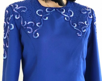 Vintage 1970's Sylvia Ann, Women's size M, Royal Blue Sequined Dress, Great Vintage Condition, Beautiful Cocktail Dress, New with Tags