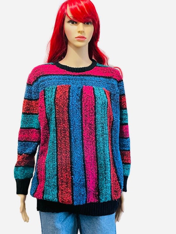 90s Colorful Striped, Chenille Sweater,  Vintage … - image 3