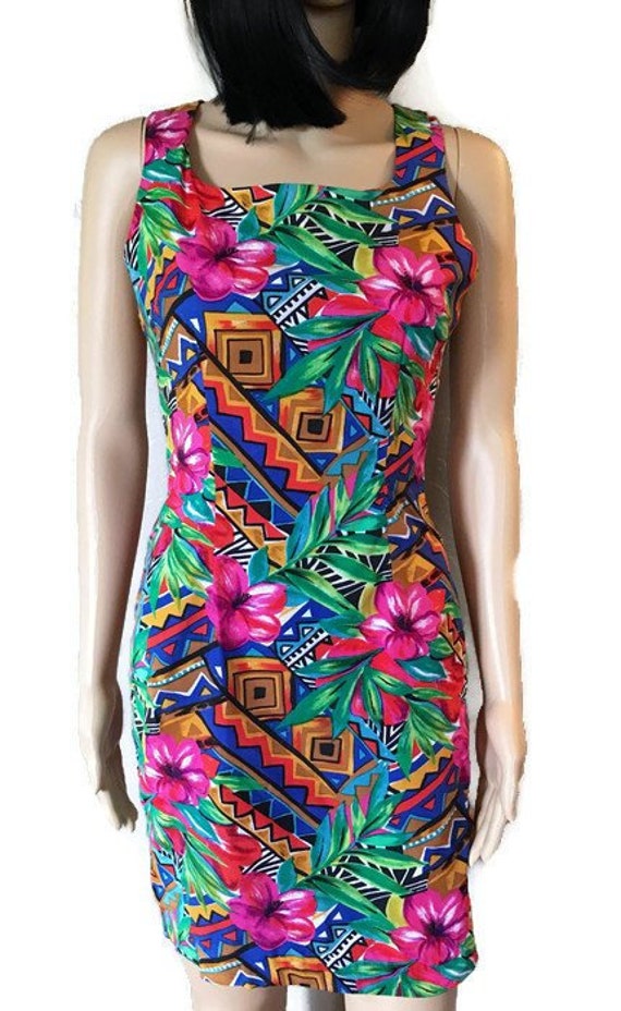 Vintage 70/'s Red White Floral Fleur de Lis Print Sheath Dress Size SM