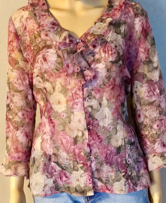 Vintage, 80's Miss Dorby Blouse, Woman's Rose Pat… - image 1