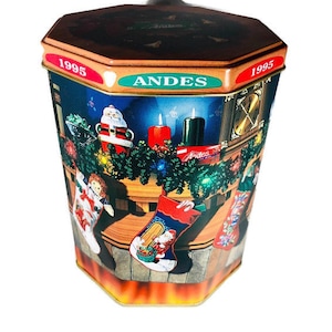 Vintage 1995 Andes Brand Tin, 1995 Andes Christmas Tin,  Vintage Christmas Tin. Octagon Christmas Themed Tin, Empty Tin