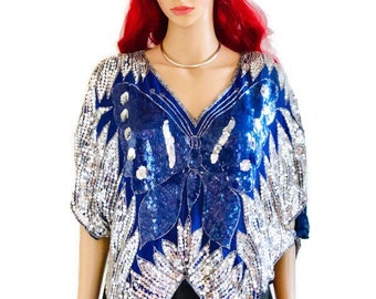 Vintage Sequin/Beaded Periwinkle Blue, Silver and Purple butterfly top,100% Silk lining, Vintage Statement Blouse, Butterfly design