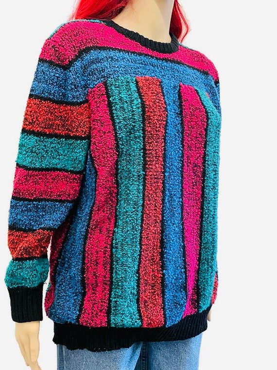 90s Colorful Striped, Chenille Sweater,  Vintage … - image 1