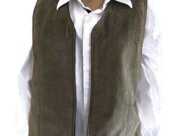 Vintage Leather Men's Vest Size M, Marsh Landing Vest , Suede Leather,100 percent leather front , Adjustable Back, Moss Green, Late 80's