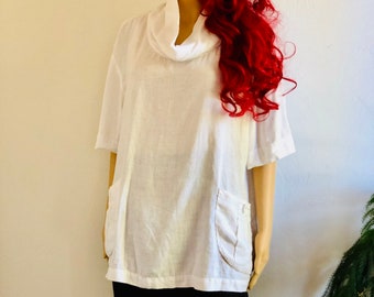 Vintage Dana Buchman Blouse, Size Large womens blouse, White Linen Blouse, with Pockets, and Cowl Neck,