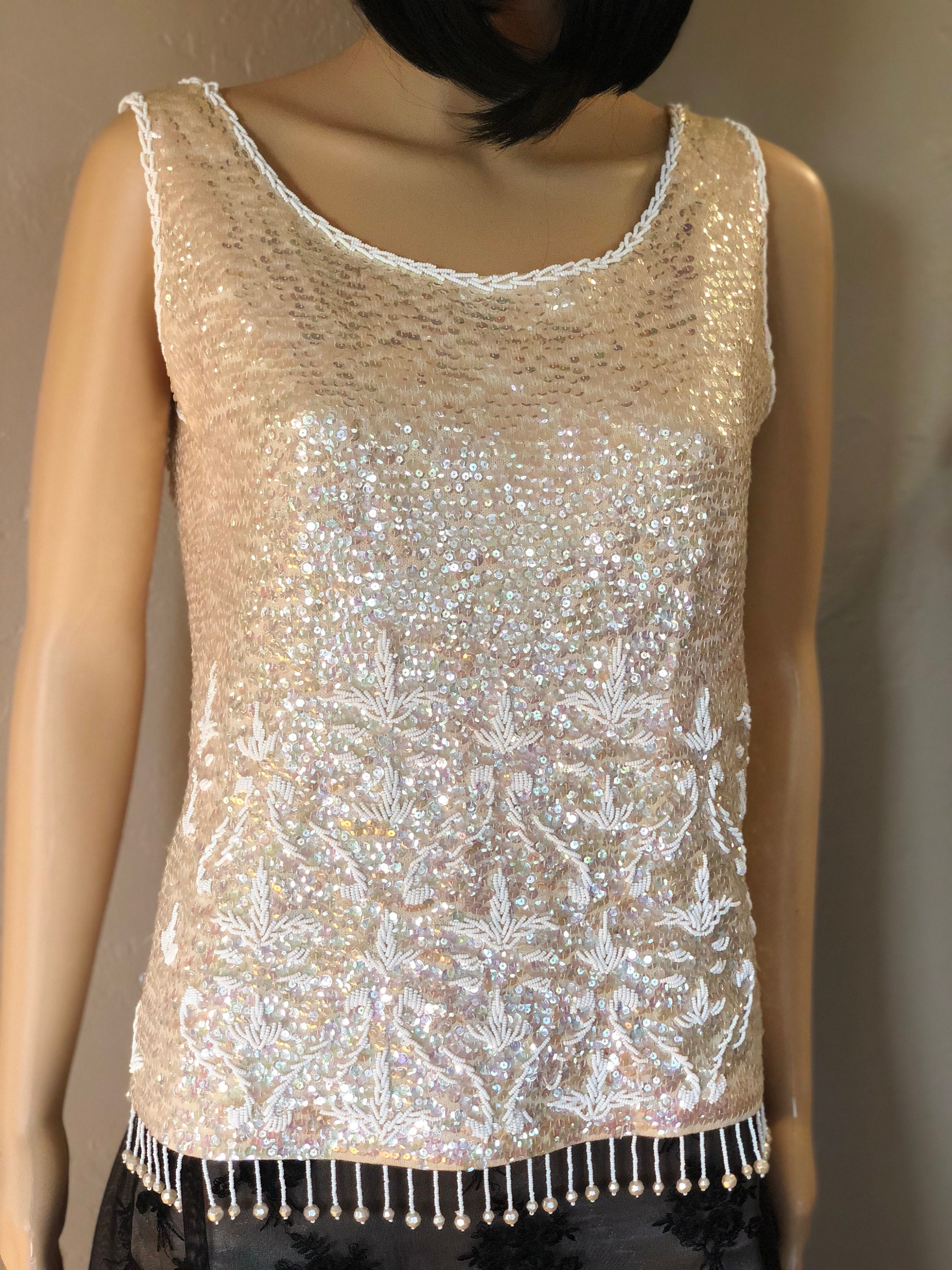 braxae S/M Iridescent Beaded Fringe Top // 50s 60s Sequin Embellished Ivory Vintage Crop Top