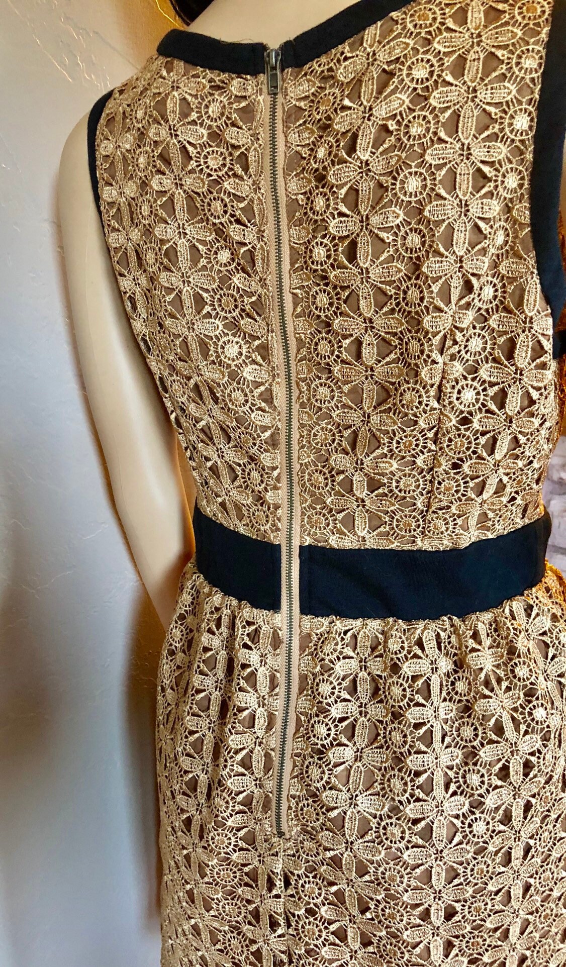 Vintage XXI, Forever 21 Dress, Lace back Zip Dress, Metal Zipper, Size Medium Woman's Dress, Bronze and Black above Knee Dress