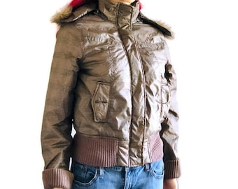 Vintage Roxy Puffer Jacket Army Green plaid like print with subtle rust,  Jacket Sz S/P Winter Jacket Ski or Snowboarding Jacket Vintage