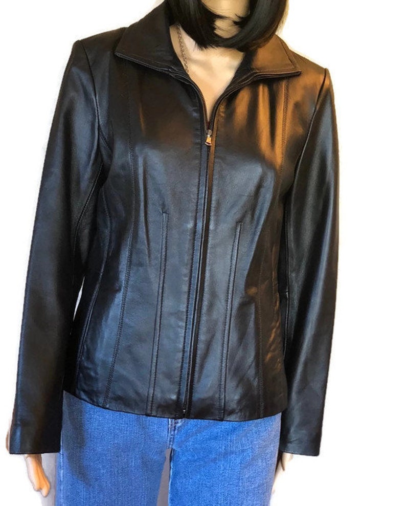 Vintage Kenneth Cole Reaction 1990 S Black Leather Coat Womans Size M Dressy Jacket Genuine