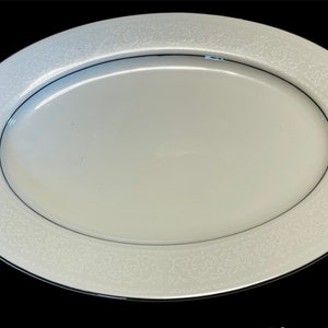 Vintage Fine China 14 inch, Oval Platter, Platinum Rim, Cream color with lace pattern on rim
