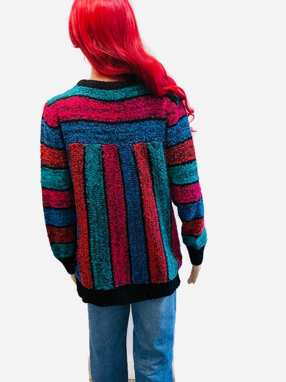 90s Colorful Striped, Chenille Sweater,  Vintage … - image 2