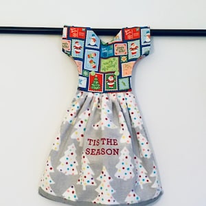 Christmas Kitchen Towel Dress - Blue Postcard & Stamp Design with Lime Green Snaps