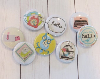 Communication Flair Buttons, Set of 8, 1 Inch, Hello Snail Mail Letters Telephone Typewriter Event Scrapbook Planner Embellishments F094