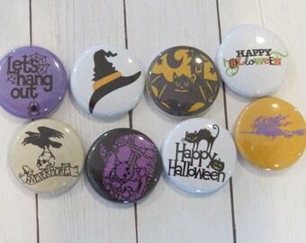 Halloween Flair Buttons, Set of 8, 1 inch Cat Bat Witch Hat Spiders Web, Crow Skull Event Scrapbook, Planner, Cards, Embellishments F120