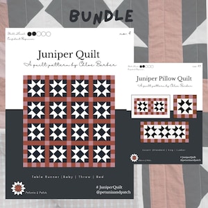 Peut inclure: Un ensemble de patrons Juniper Quilt Bundle par Chloe Barber comprenant deux documents pédagogiques. Le patron principal présente une grille de seize blocs en forme d'étoile en noir, blanc et terre cuite. Le second document montre des variantes d'oreillers.