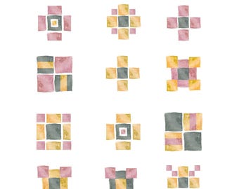Watercolor Quilt Block Art Prints | Set of 12 Heirloom Style Designs (Digital Download)