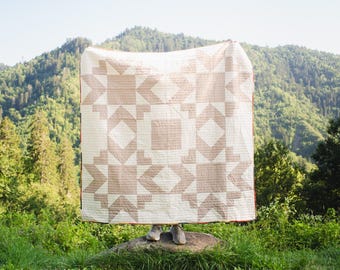 Handmade Neutral Throw Quilt | Sojourn Quilt | 75x75 Cotton Quilt | Modern Heirloom Blanket | Confetti Binding