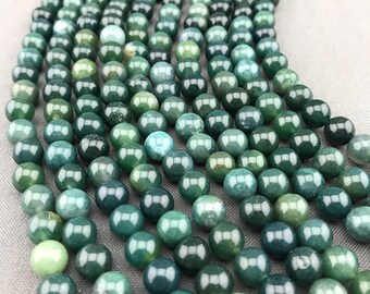 8mm Moss Agate Beads, Full Strand of Genuine Round Green Moss Agate Gemstones