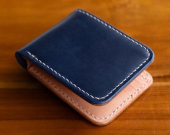ブルーのプルアップレザーウォレット、二つ折り財布、ハンドメイド、手縫い、手作り、ネイビー、ダーク、耐久性、高品質の男性用ウォレットギフト