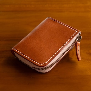 Cartera pequeña con cremallera de curtido vegetal marrón, compacta, duradera, de piel de grano completo, de alta calidad, de curtido vegetal, regalo para hombre
