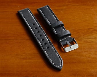 Black Vegetable Tanned Watch Strap, Watch Band, Handmade, Full Grain Leather, Veg Tan, Dark Leather Strap, 18mm 20mm 22mm