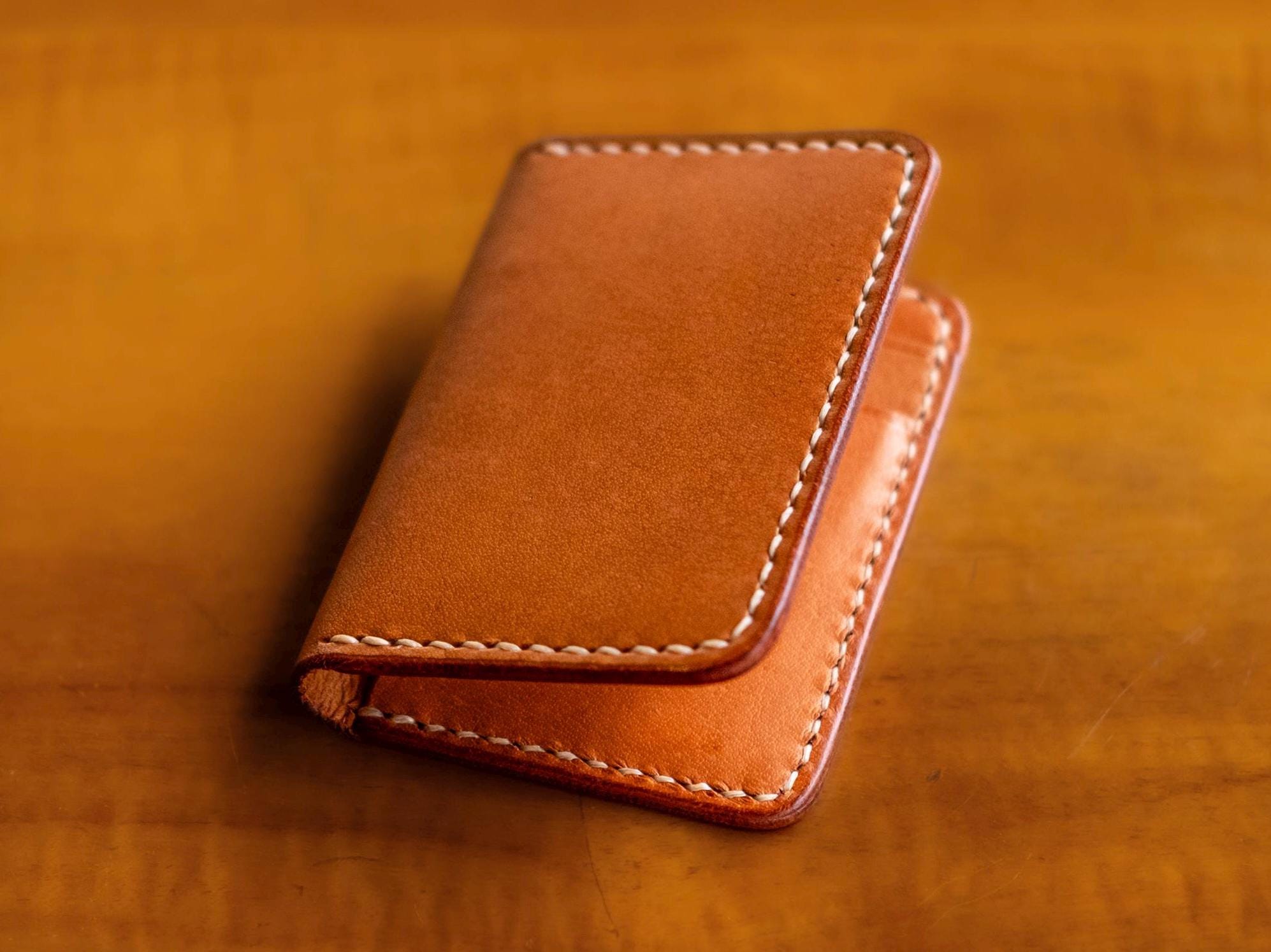 Vertical Brown Vegetable Tanned Leather Wallet, Tan, Front Pocket