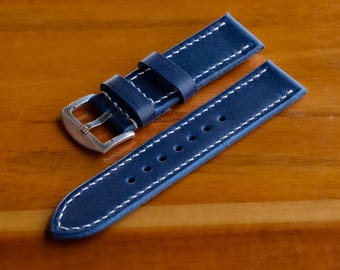 Blue Pull Up Leather Watch Strap, Watch Band, Handmade, High Quality Leather, Durable, Dark, Genuine Leather Strap, 18mm 20mm 22mm