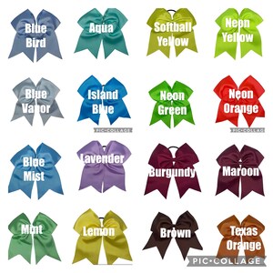 May include: A collage of 16 different color hair bows with various names printed on them, such as "Blue Bird", "Aqua", "Softball Yellow", "Neon Yellow", "Blue Valor", "Island Blue", "Neon Green", "Neon Orange", "Blue Mist", "Lavender", "Burgundy", "Maroon", "Mint", "Lemon", "Brown", and "Texas Orange".