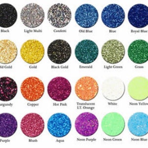 May include: A chart of 36 different colors of glitter. The glitter is arranged in a grid of six rows and six columns. Each color is labeled with its name.