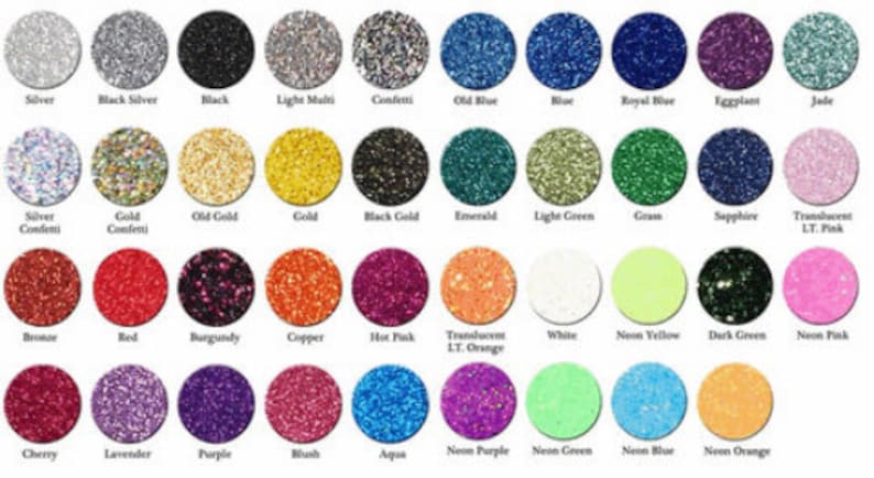 May include: A chart of 36 different colors of glitter. The glitter is arranged in a grid of six rows and six columns. Each color is labeled with its name.